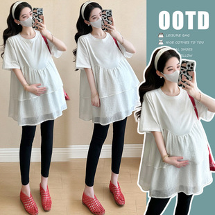 Maternity White Short-Sleeved Tops, Baby Doll Tops, New Korean Style Loose Cake Hem Mid-Length Mesh Tops