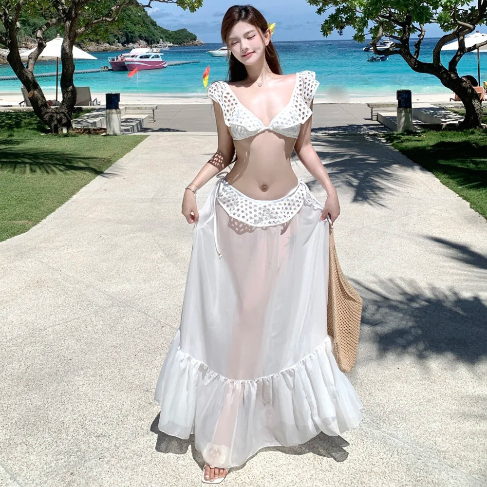 2026 European and American Swimwear White Mesh Ruffle Bikini Three-Piece Set Ins-Style High-End Swimwear Chanel Style