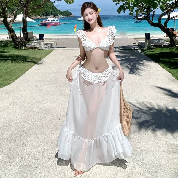 2026 European and American Swimwear White Mesh Ruffle Bikini Three-Piece Set Ins-Style High-End Swimwear Chanel Style
