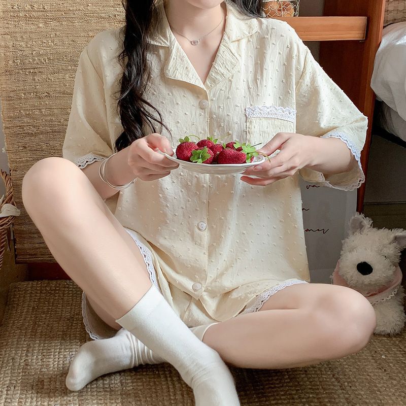 Pijamas mujeres verano nuevo estilo encaje peinado jacquard algodón casual de manga corta pantalones cortos solapa cárdigan traje de servicio a domicilio