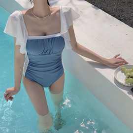 2024日韩女连体泳衣荷叶边带头花泳衣拼色漏背欧美性感bikini泳装