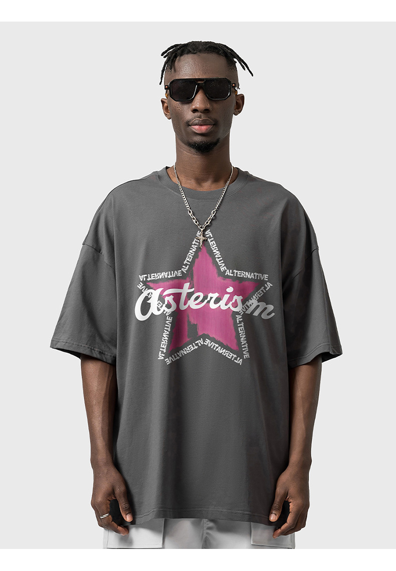 Camiseta masculina de manga curta com estampa de pentagrama China-Chic, tendência de rua, hip-hop, solta, grande, decote pequeno_voghion.com