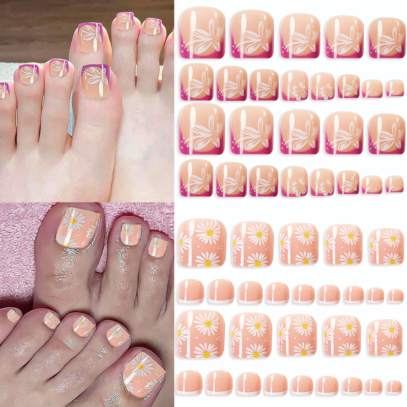 120 Pieces of French Short Square Daisy Wearable Toenail Pieces in Bags, Retro Simple Wearable Toenail Pieces