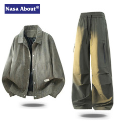 NASA潮牌秋季灯芯绒扎染夹克男士大码时尚休闲套装设计感翻领外套