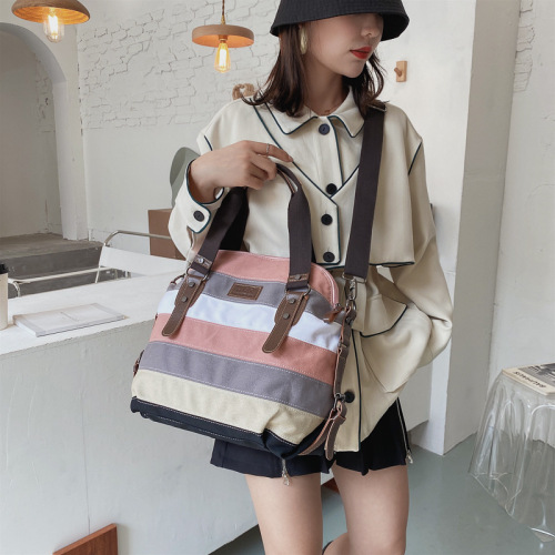 2024 new cross-border supply European and American retro canvas handbag women's rainbow stitching large capacity crossbody shoulder bag