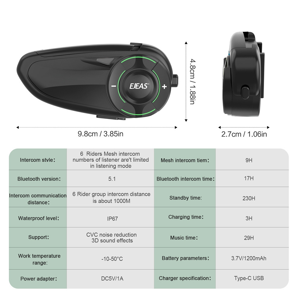 Ejeas Cross-Border Motorcycle Helmet Bluetooth Headset Export Intercom for 1000.6m People Ip67 Waterproof Q8