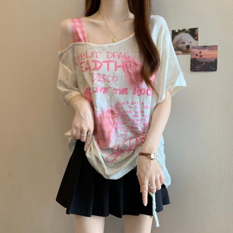 大码重工破洞蝴蝶贴布抽绳短袖t恤女2025春夏新款宽松显瘦上衣女|undefined