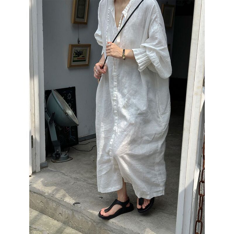 Petal Sleeves, Tie-Up, Full-Length Cotton and Linen Long Dress, New Spring Style, Plus Size, Loose Fit, Lightweight White Dress