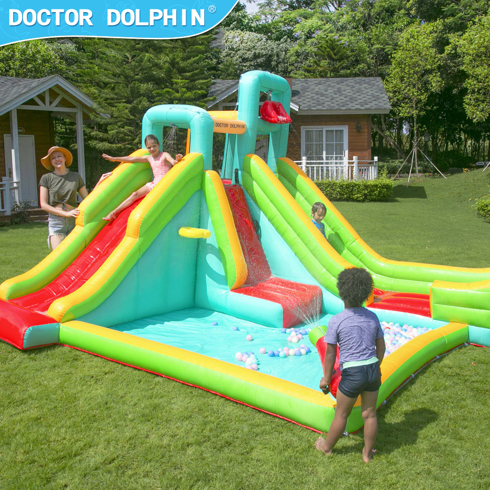 Castillo Inflable Doctor Dolphin, Parque Infantil Interior, Cama Elástica, Tobogán Inflable, Piscina con Rociador de Agua, Castillo Inflable para el Hogar
