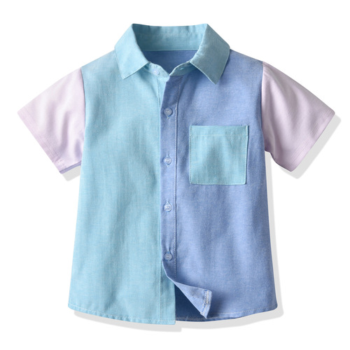 夏款儿童短袖棉衬衫 男童蓝粉拼色短袖翻领开衫中小童衬衫