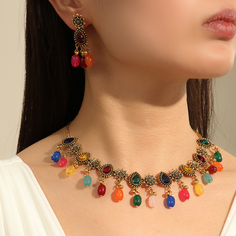 Xl-004 European and American Cross-Border Ethnic Bohemian Shiny Retro Necklace Set Earrings with Unique Color-Blocking Ethnic Style Xl-004 European and American Cross-Border Ethnic Bohemian Shiny Retro Necklace Set Earrings with Unique Color-Blocking Ethnic Style