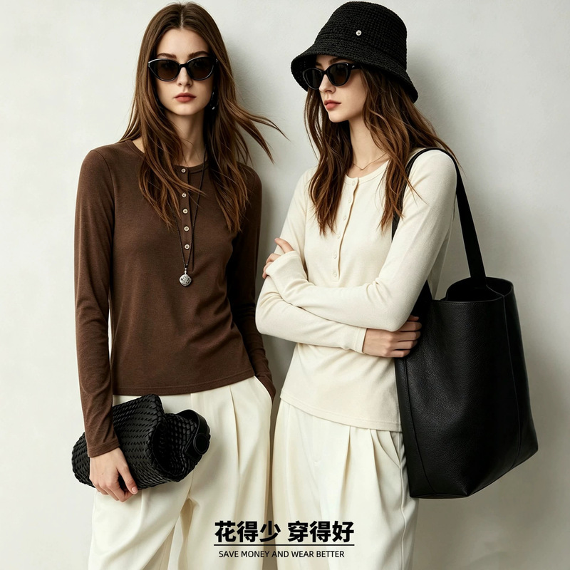 [Henley Collar] Brushed Soft Acrylic Blend Henley Collar Long Sleeve Knit Shirt, Regular Shoulder Slim Fit Base Shirt, Women's Long T-Shirt