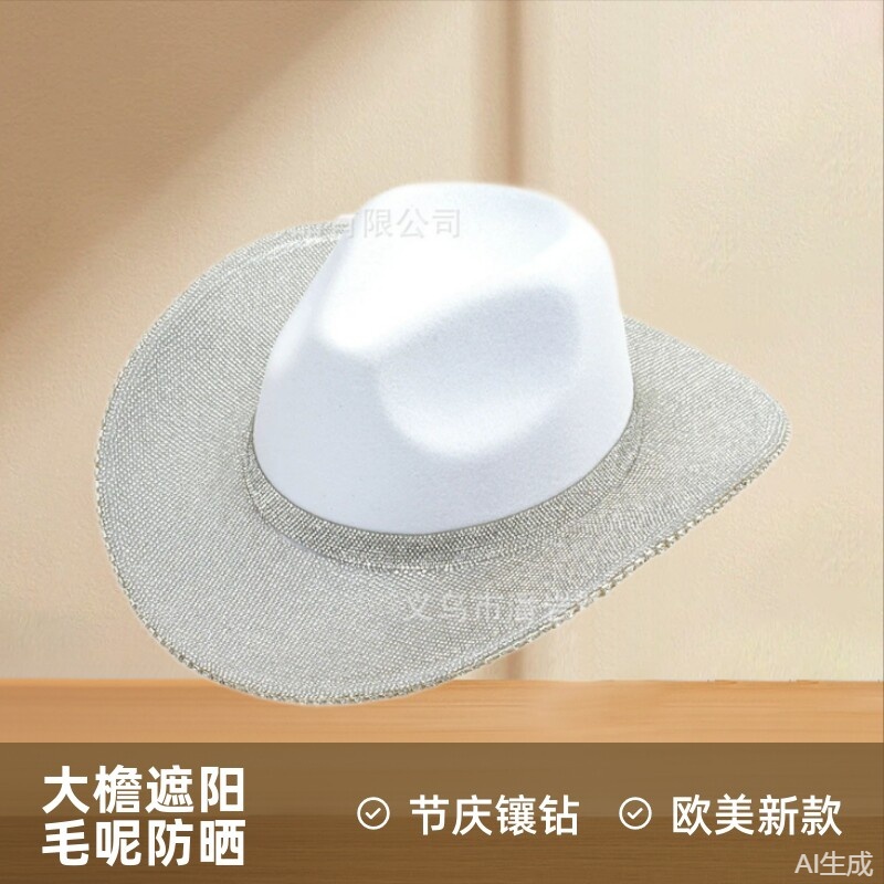 Europa y los Estados Unidos nuevos sombreros festivos de vaquero con bordos de moda sombreros de lana espectáculo de baile de diamantes grandes bordes de sombrero occidental