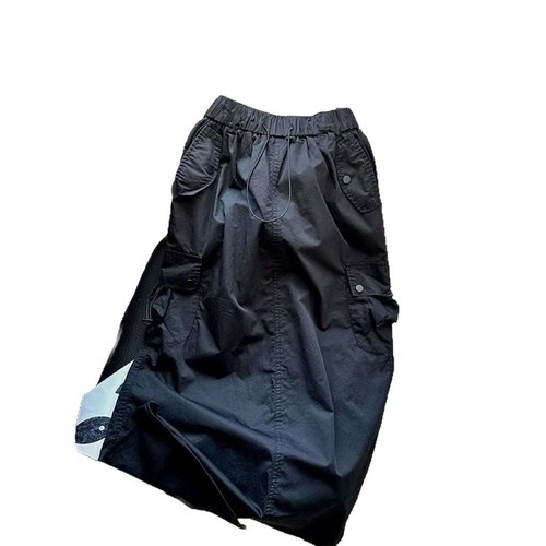 Women's Loose Fit American Workwear Skirt with Elastic Waist and Drawstring, Casual and Versatile A-Line Medium-Length Skirt with Slits