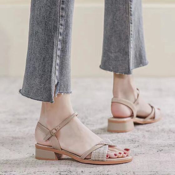 Thick Heel Sandals Women's Summer 2024 New Fashion Mid Heel Fairy Style All-Match Lady Evening Style Pony Roman Shoes