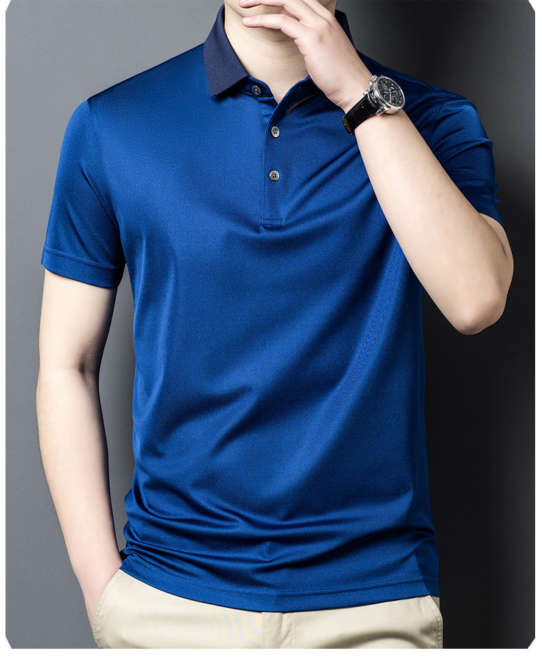Áo sơ mi nam ngắn tay lụa tơ tằm trơn màu cao cấp — Màu xanh lam 25082 chi tiết 9