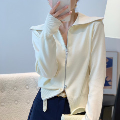 2025早秋新款上衣女装双拉链宽松显瘦长袖翻领针织衫开衫女