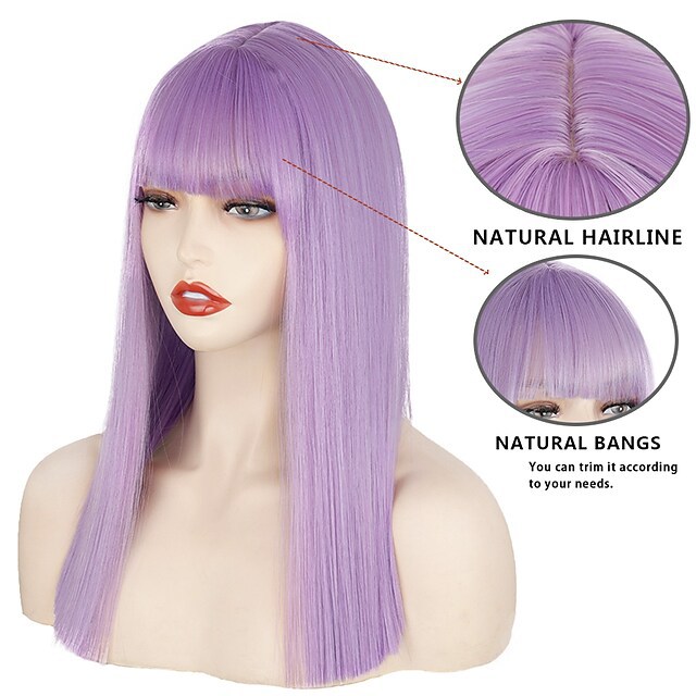 Synthetic wig New air bangs for women‘s medium length straight lilac hair_voghion.com