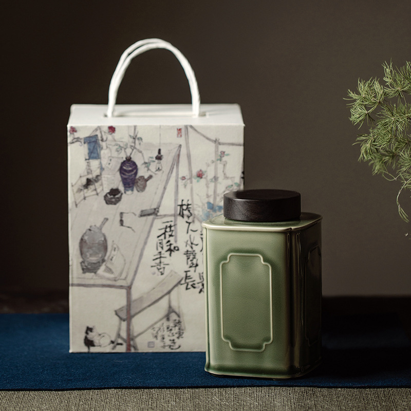 Mucangzhai Yue Kiln Longquan Celadon Square Forsythia Tea Can Gongfu Tea Set Sealing Can Single Can Black Sandalwood Lid