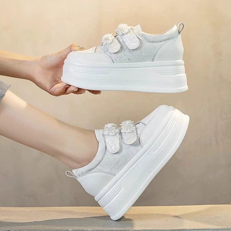 High white shoes with velcro, summer footwear platform, Chinese style