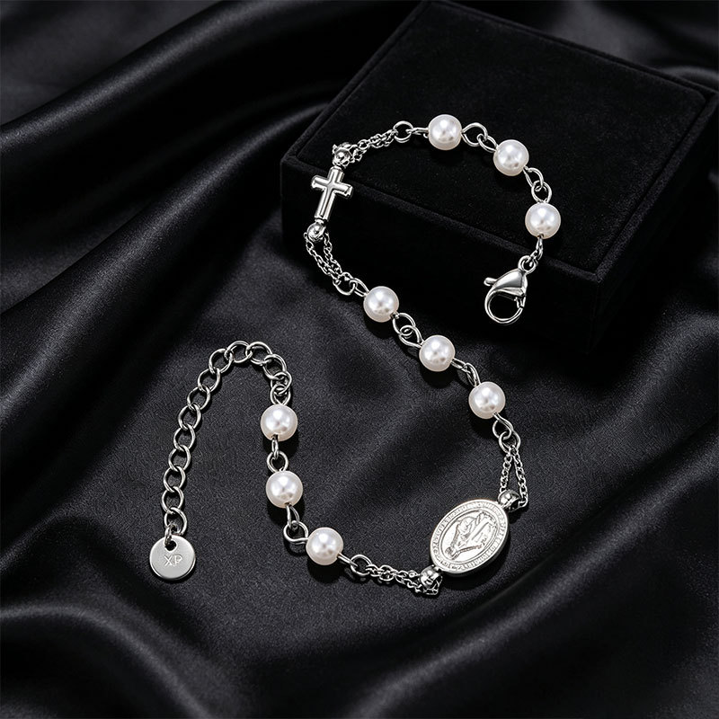 Pulsera de Perlas de Imitación con Dije Redondo de Aleación, Galvanizada, para Mujer