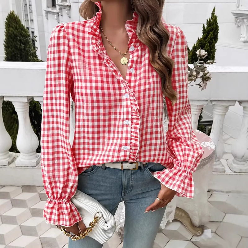 2026 European and American Cross-Border Spring New Arrivals V-Neck Plaid Lace Shirt French Fashion Elegant Long-Sleeve Shirt for Women