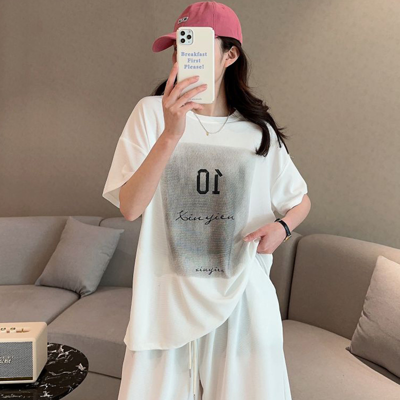 Mesh Cotton Short-Sleeved T-Shirt for Women, Summer Top with Stylish Letter Print, Casual Oversized Slimming Base Shirt, Trendy