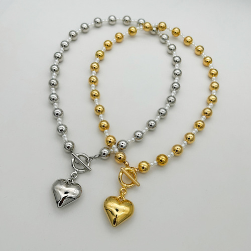 Choker Geometric Round Heart Necklace for Women, Love Pendant Necklace, Gold Beaded Locking Necklace