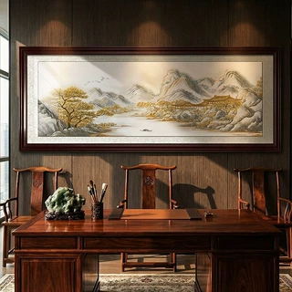 新中式沙发背景墙壁画靠山客厅挂画山水风景画办公室会议室装饰画
