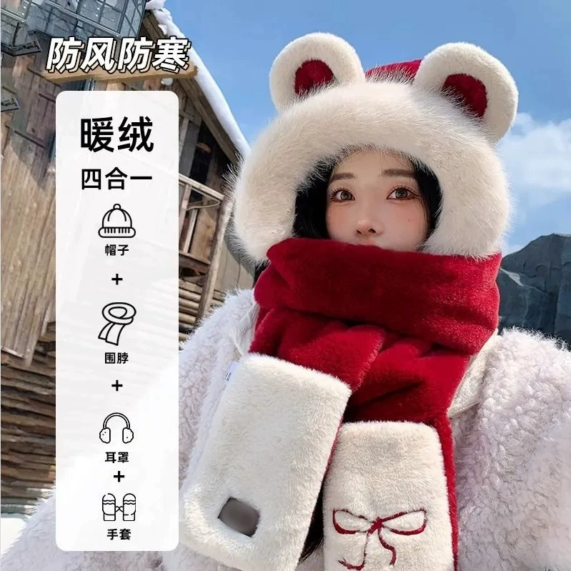 Женский зимний утепленный плюшевый комплект из трех предметов: шапка с вышитым бантом в виде медвежонка, шарф и перчатки.