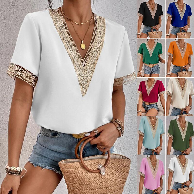 2026 Cross-Border Foreign Trade Amazon Aliexpress New Style Lace Short-Sleeved Chiffon Top for Women 2026 Cross-Border Foreign Trade Amazon Aliexpress New Style Lace Short-Sleeved Chiffon Top for Women