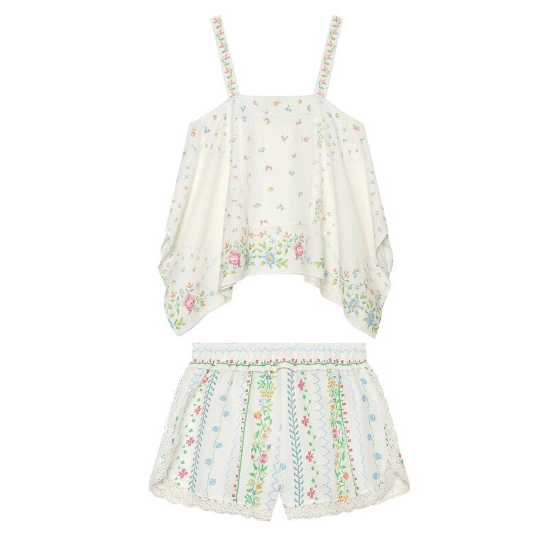 PB&ZA Holiday Style Linen Floral Asymmetrical Suspender/Elastic Waist Lace Shorts 7759357 7023354