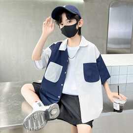 2025夏季新品儿童短袖衬衣男童洋气上衣薄款中大童帅气拼色衬衫潮
