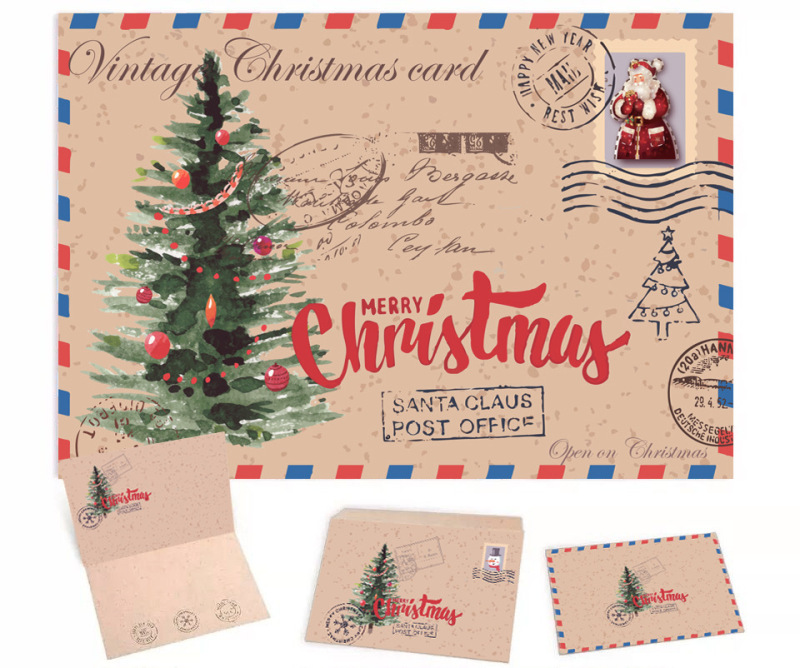 レトロ牛革クリスマスグリーティングカードクリスマスギフトカードかわいい漫画折り返しカード祝福メッセージカード封筒付き|undefined