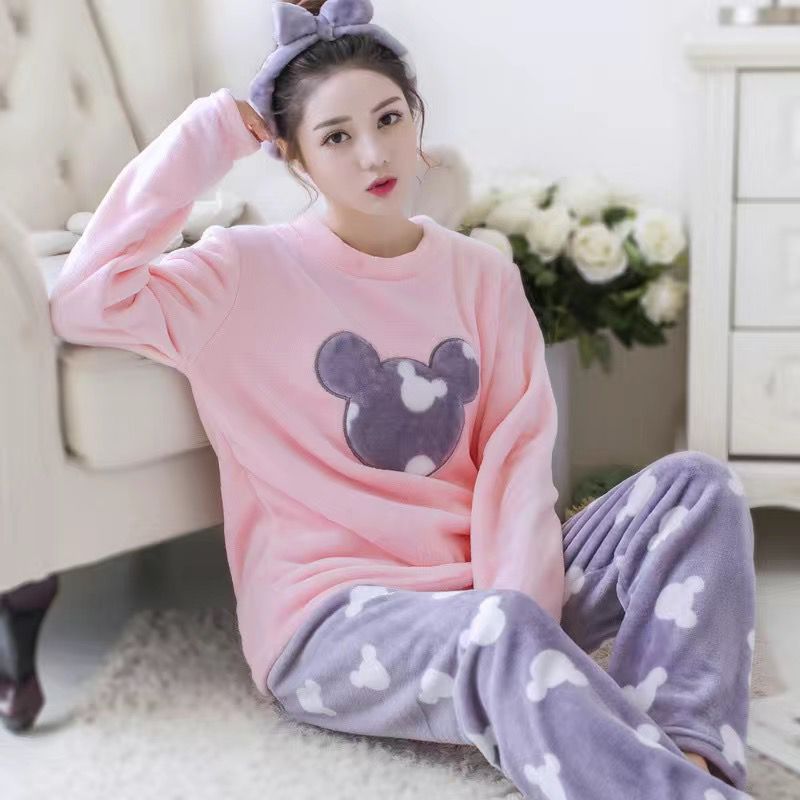Pijamas de las mujeres Otoño e Invierno coral polar lindo engrosada estilo coreano franela caliente de dibujos animados más tamaño desgaste del hogar traje de invierno