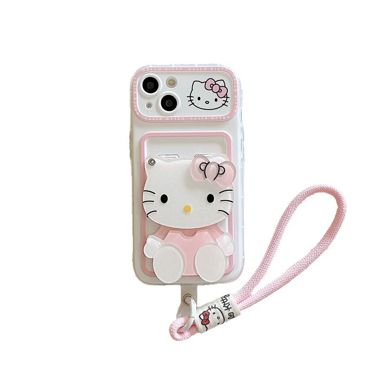 Чехол для телефона Hello Kitty, совместим с iPhone 11–16, встроенное зеркальце, с ремешком/без