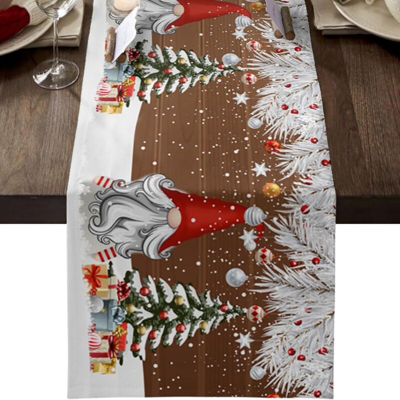 クリスマスの雰囲気の亜麻のテーブルの旗の越境の爆発のクリスマスツリーはサンタクロースのプリントのレストランの台所のテーブルクロスにあります。|undefined