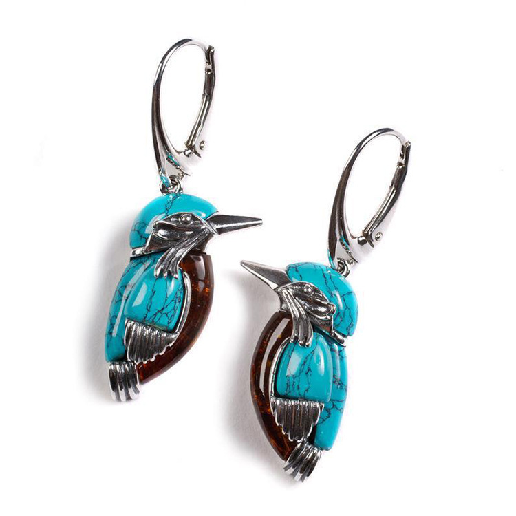 wish Cross-border Turquoise Bird Earrings European and American Retro Women's Earrings Exaggerated Natural Wind Ear Buckle Ear Hanging Earrings