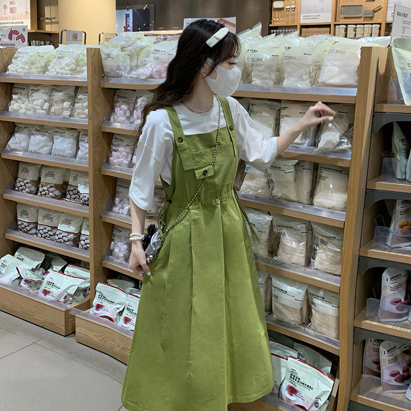 Mori Style Sweet Tooling Style Strap dress Female Student Summer Korean-style Tight Waist Slimming Sling Skirt Two-piece Set