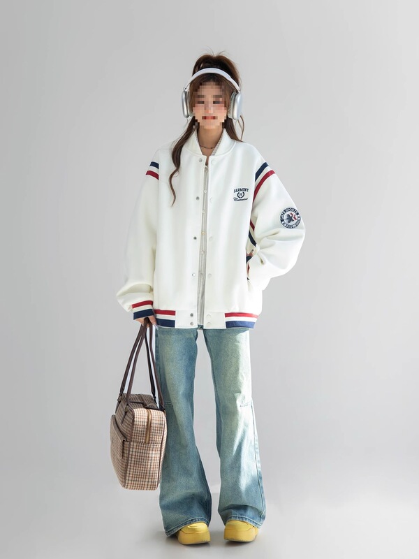 2025美式复古字母刺绣棒球服外套女春秋撞色拼接情侣夹克|undefined