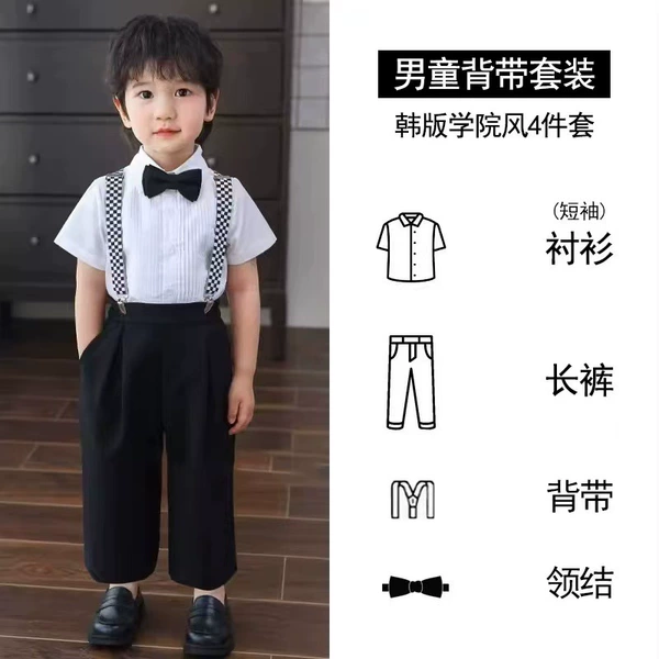 Black white trousers, shirt, bow tie, suspenders