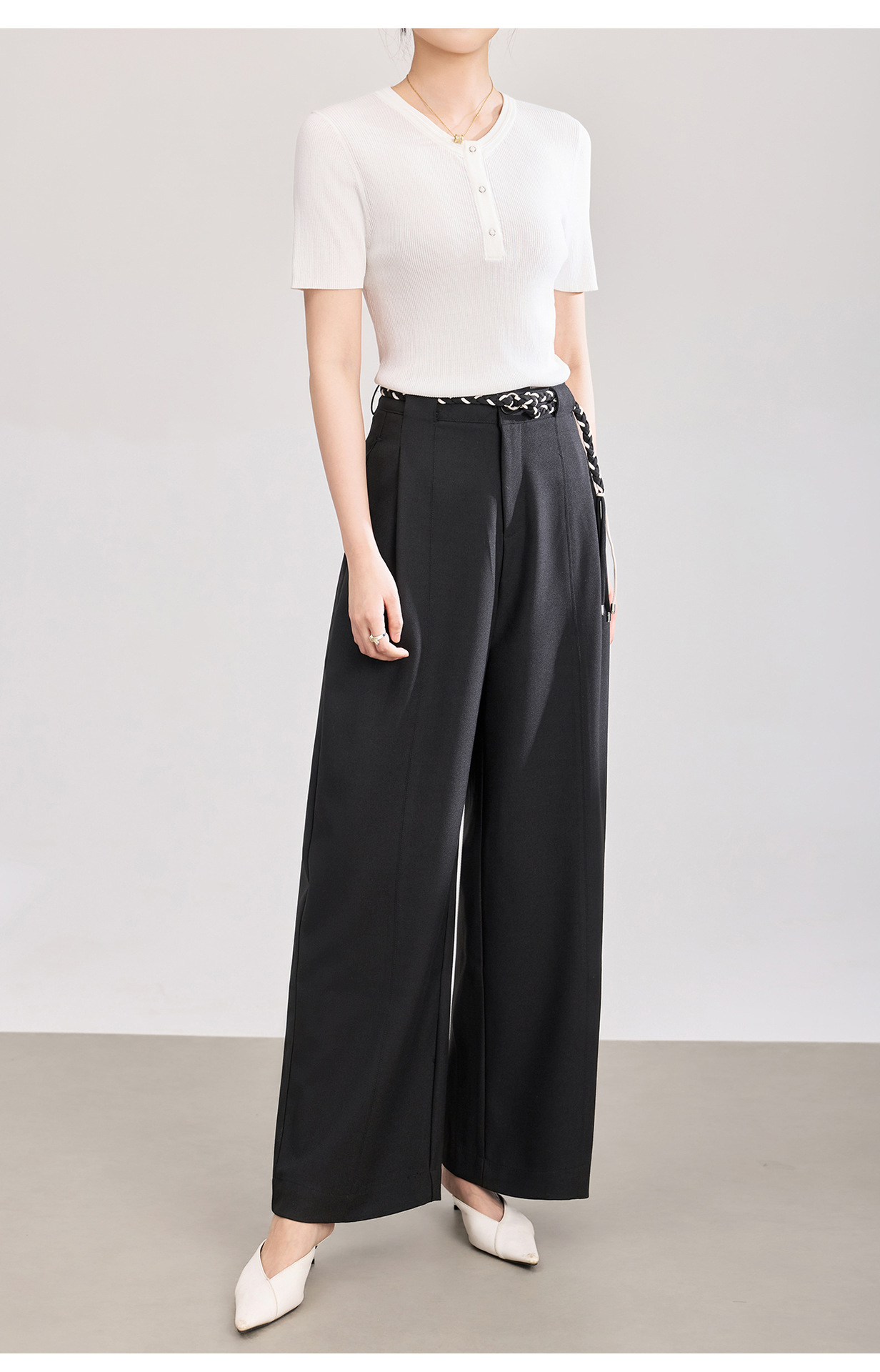 Quần culottes nữ ống rộng cạp cao kèm thắt lưng dệt bản to — màu đen chi tiết 21