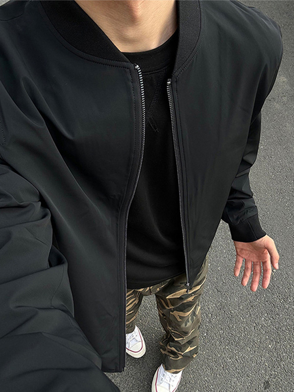 黑色短款cleanfit外套男秋季高级感正肩立领棒球服潮牌飞行员夹克|undefined