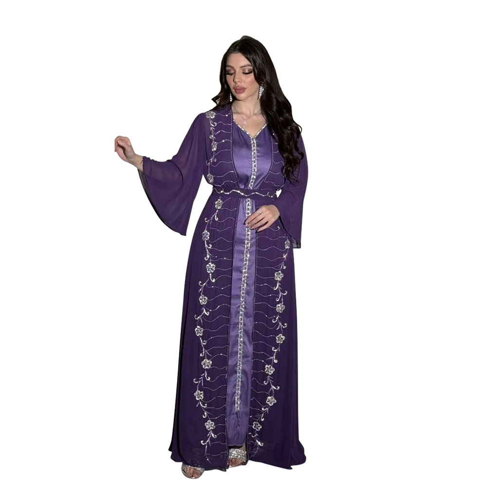 XQY500261 Four-Season Commuting Vest + Jacket Dress Chiffon Rhinestone Muslim Suit Robe_ecoleips.com