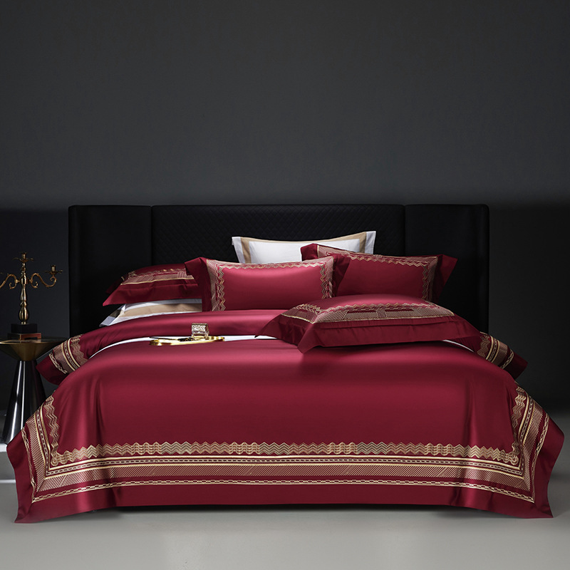 高奢定织180S新疆长绒棉绣花酒红色四件套全棉贡缎刺绣被套床品