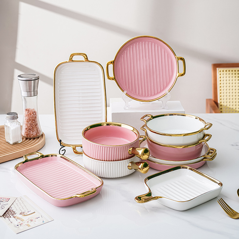 Nórdico creativo oro borde tazón placa vajilla combinación traje ins estilo desayuno de cerámica ensalada fruta postre bandeja