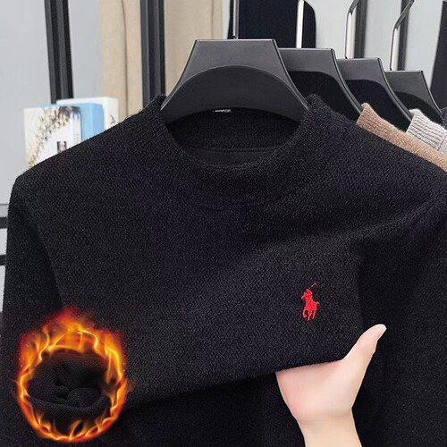 Men's winter round neck turtleneck sweater, padded and thick, business casual snow fox imitation warm slim fit knit base shirt