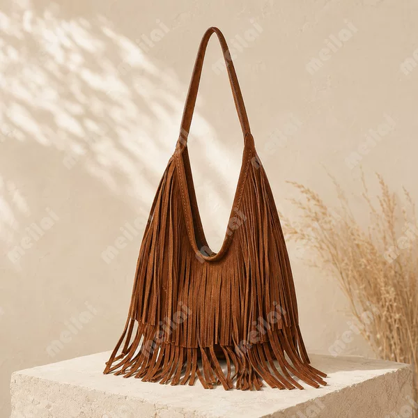Vintage Suede Tassel Tote Bag for Women, Bohemian Style Shoulder Bag, Western Style Large Capacity Casual Vacation Backpack