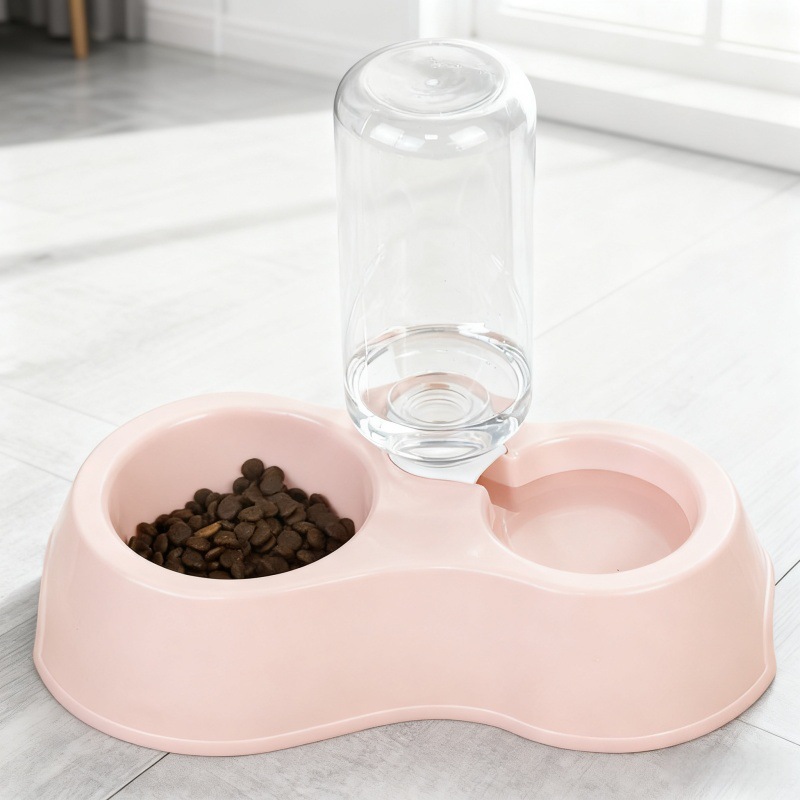 Tazón de gato doble tazón de plástico alimentación y agua potable cubierta integral tazón de mascotas con botella de agua alimentador automático de agua para mascotas