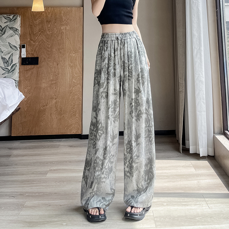 金韩慵懒复古风印花阔腿裤女2025夏季新款宽松垂感长裤高腰显包邮